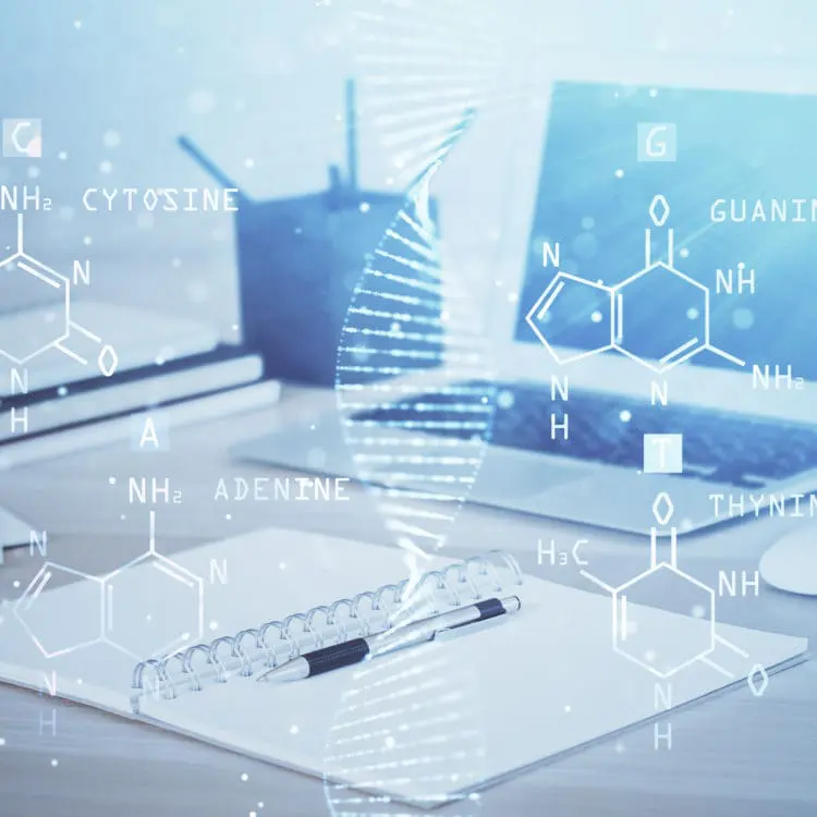 Desktop computer background and DNA drawing. Double exposure. Science concept.