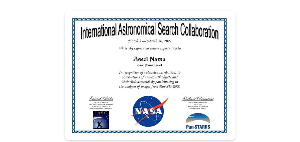 NASA asteroids naming certificate