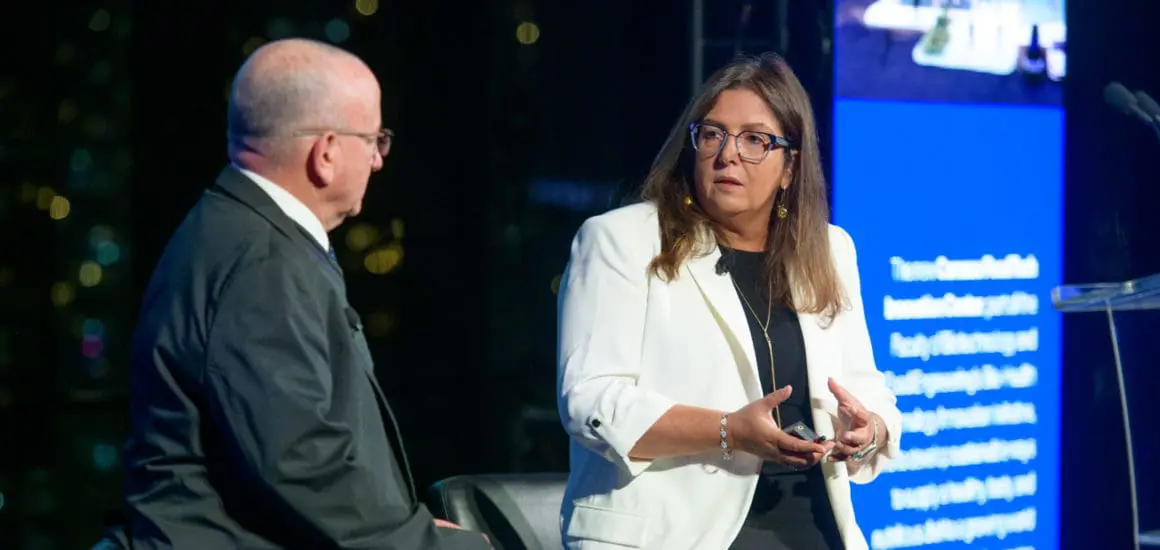 technion prof. marcelle machluf and technion evp wayne kaplan on stage talking | Donate to Support Israel | Technion University | American Technion Society