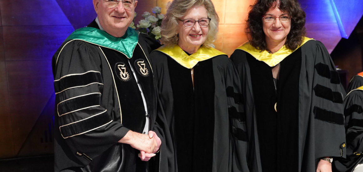 Carol B. Epstein, of Chevy Chase, Md., receives her Honorary Doctorate from President Lavie and Prof. Hagit Attiya.