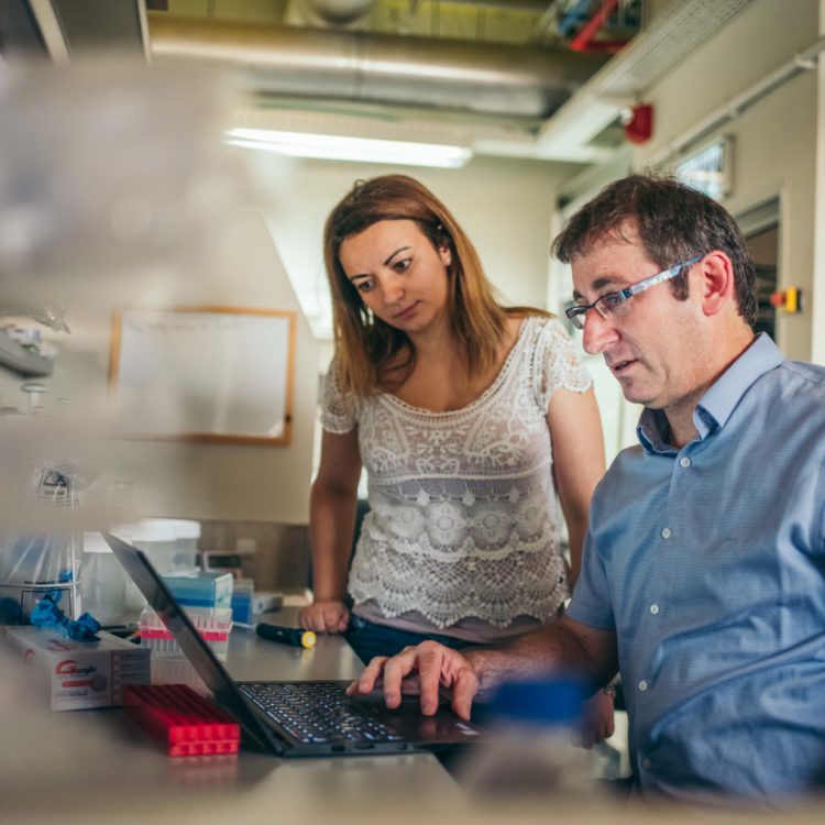Professor Shai Shen-Orr with a student looking at a laptop in a Technion lab.