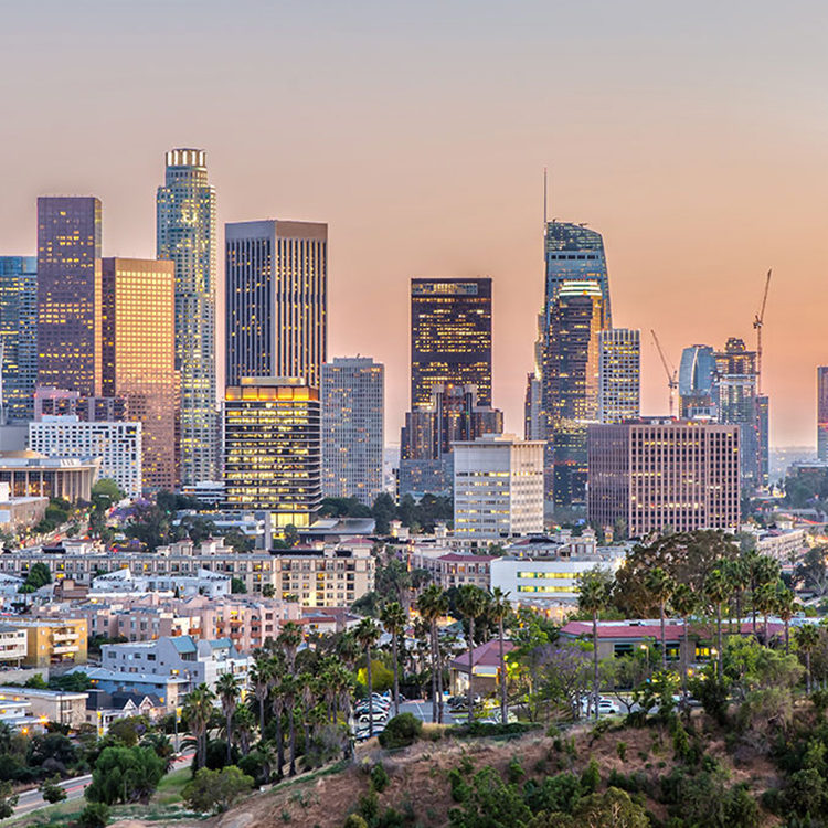 Los Angeles, California skyline at sunset.