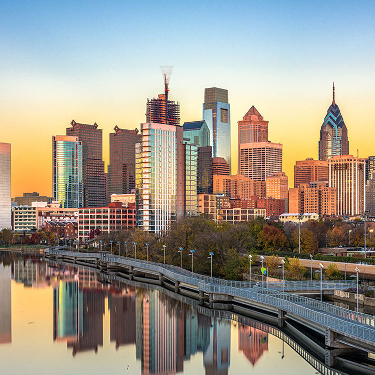 Philadelphia, Pennsylvania skyline and sunset.