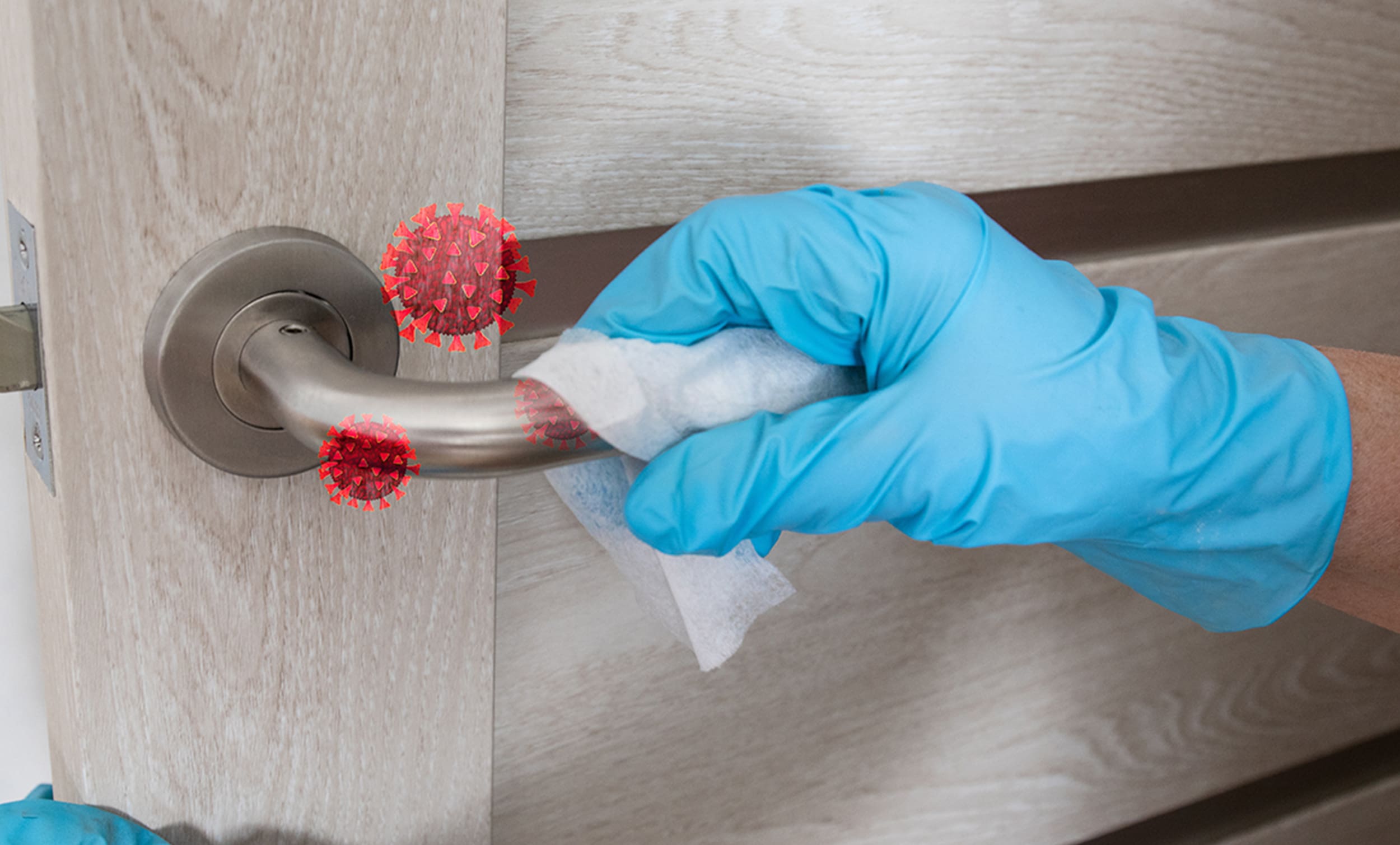 Gloved hand from Sonarax touching a door handle to stem the spread of germs with illustration of the coronavirus | How to Support Israel | Donate to the Technion University