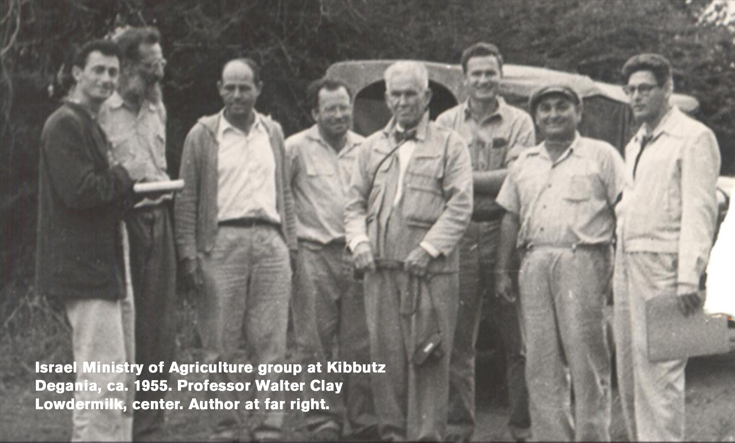 israel ministry of agriculture execs at kibbutz degania in 1955 with lowdermilk black and white photo | Donate to Support Israel | Technion University