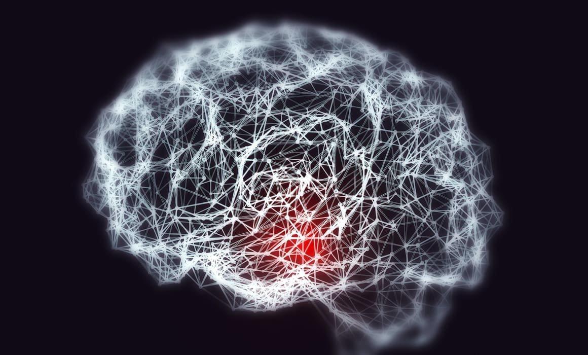 white graphic of human brain with red spot indicating parkinson's disease against black background | Donate to Support Israel | Technion University
