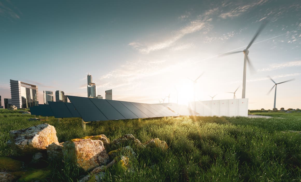 doral energy solar panels in the grass with city in the background and wind energy with sunlight | Donate to Support Israel | Technion University