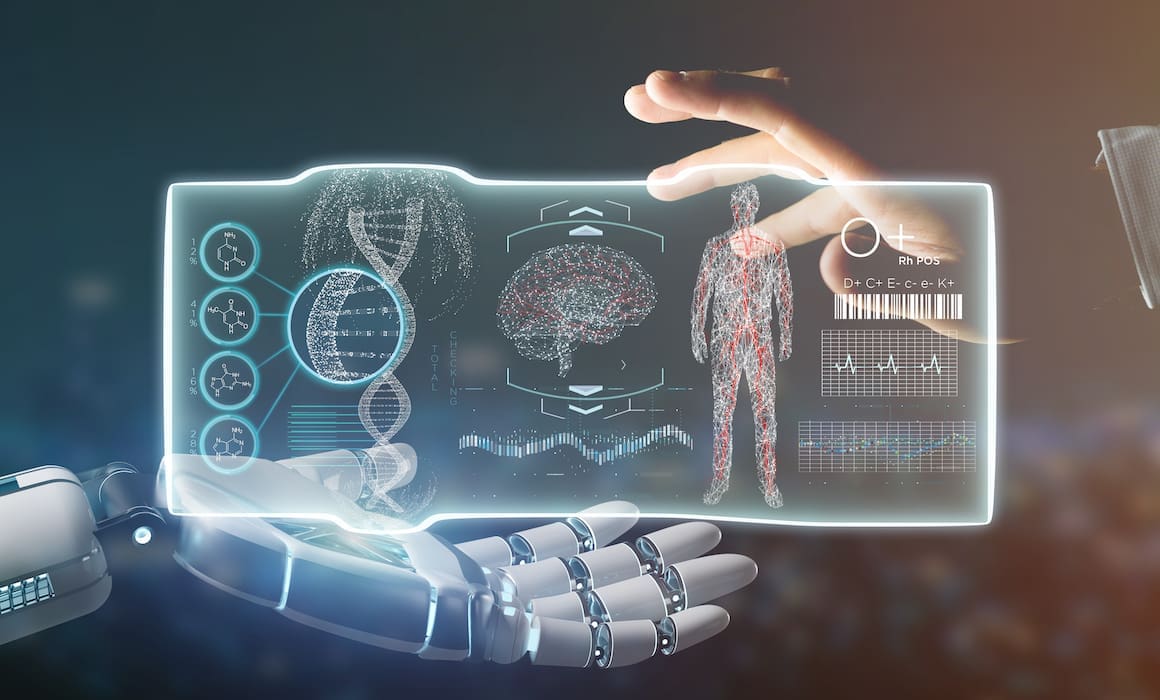 graphic of touch screen for research projects with human body projected on it and robot and person both holding it | Donate to Support the Technion University | American Technion Society
