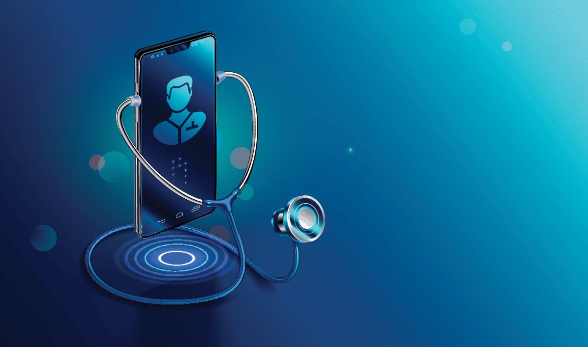 smartphone graphic with stethoscope hooked up to it against a blue background to take brain test at home | Donate to Support Israel | Technion University
