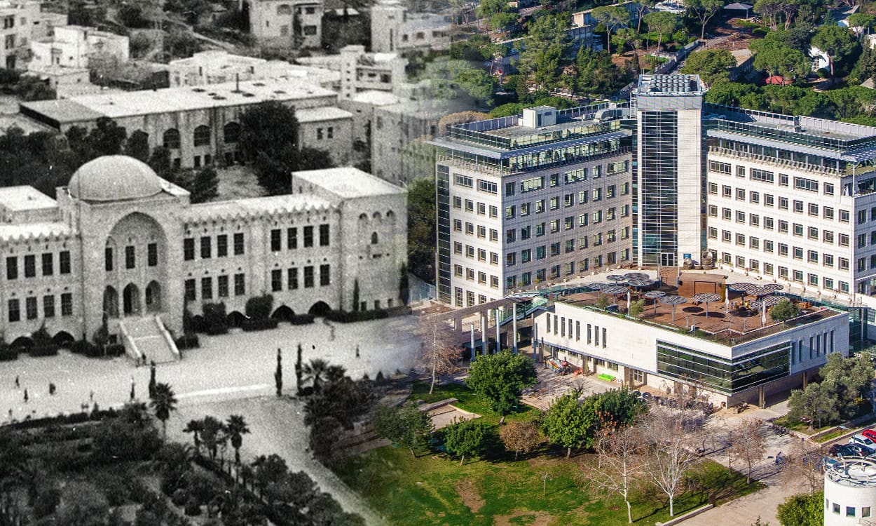 venture capital | photo of Technion campus from aerial view juxtaposing black and white past campus buildings, left, with full color present-day buildings, right