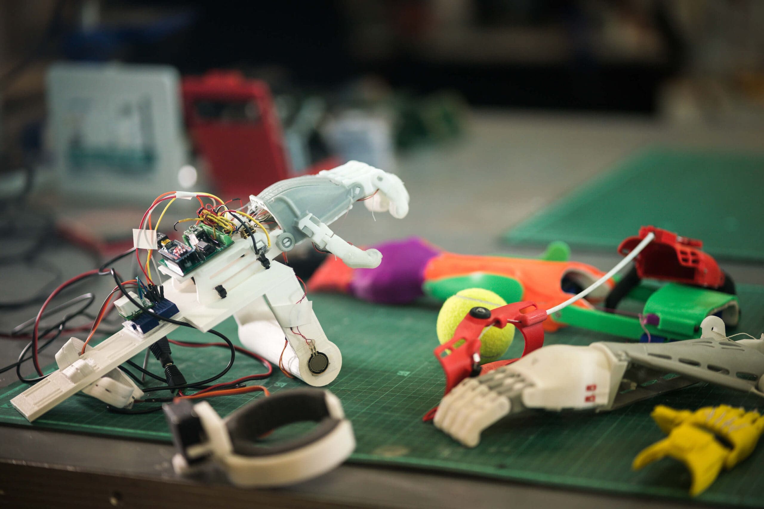 Robotic Hands in many colors on a green surface in a lab | Donate to Support the Technion University | American Technion Society | Israel