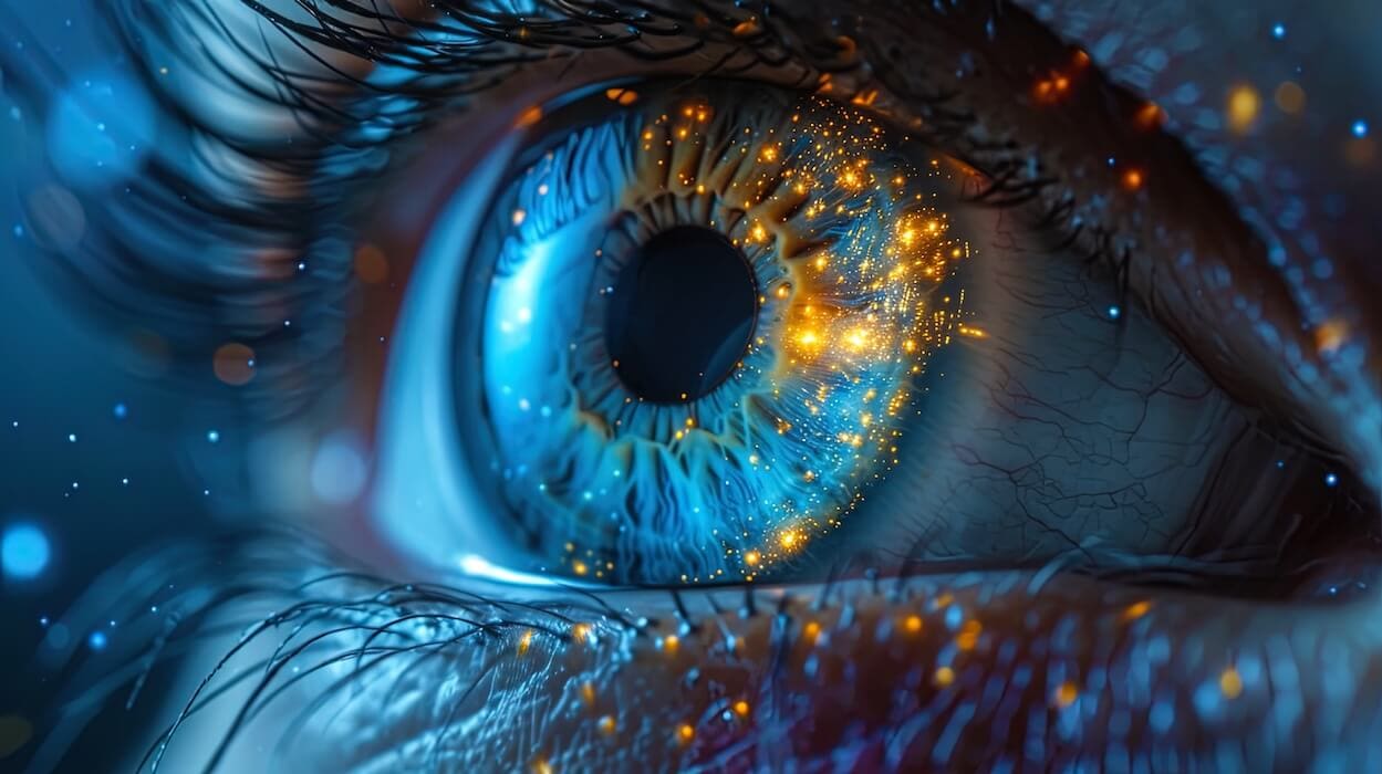AI rendering of a human eye with orange light spots | Donate to Israel | Technion University