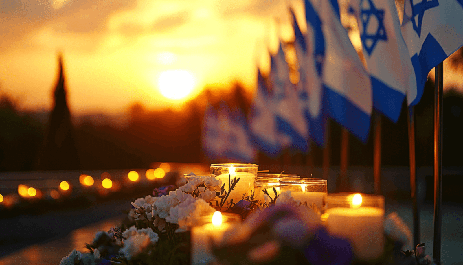 Israel flags lined up along yahrzeit candles