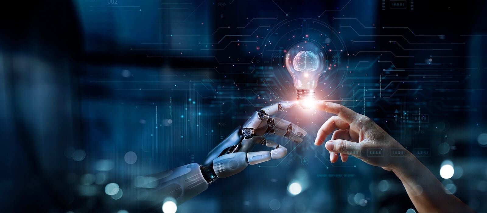 AI rendering of a robotic hand touching a human hand with a hologram of a lightbulb | Donate to Israel | Technion University