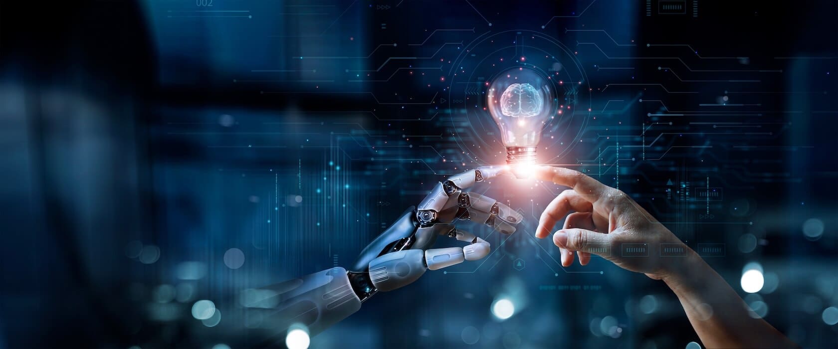 AI rendering of a robotic hand touching a human hand with a hologram of a lightbulb, connecting academia and business | Donate to Israel | Technion University