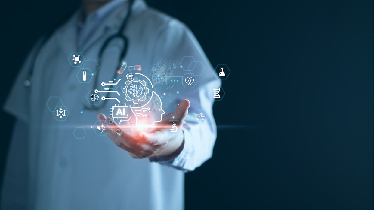 doctor wearing white coat with stethoscope showing ai for medicine rendering | Donate to Israel | Support the Technion University