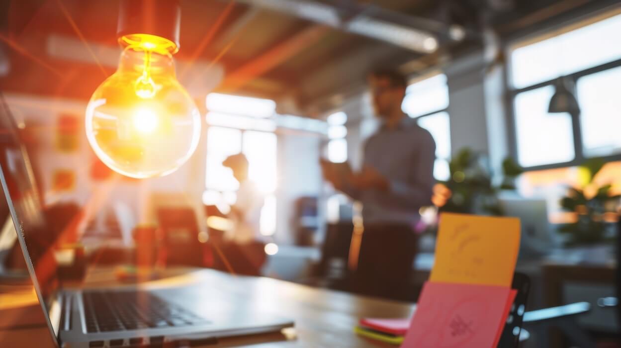 lightbulb shining on desk in front of laptop, sticky notes, and people in office | Technion University | How to Donate to Support Israel | American Technion Society
