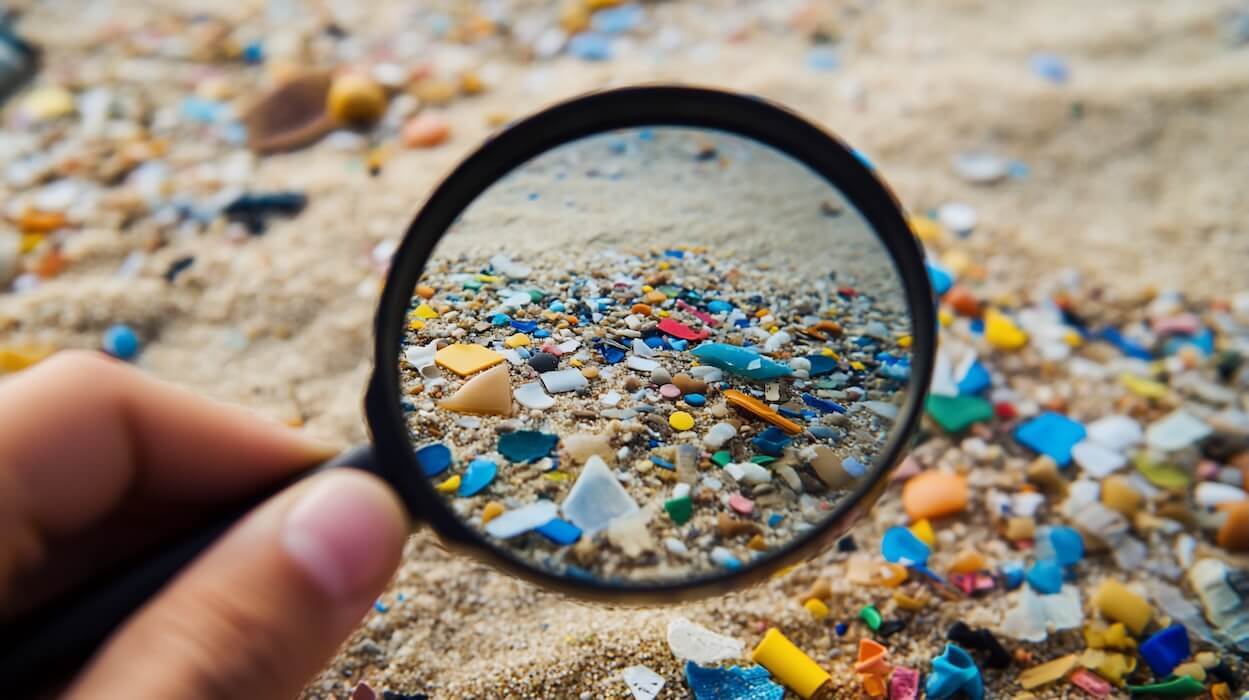 multicolor microplastics in sand with magnifying glass | Donate to Support the Technion University | American Technion Society