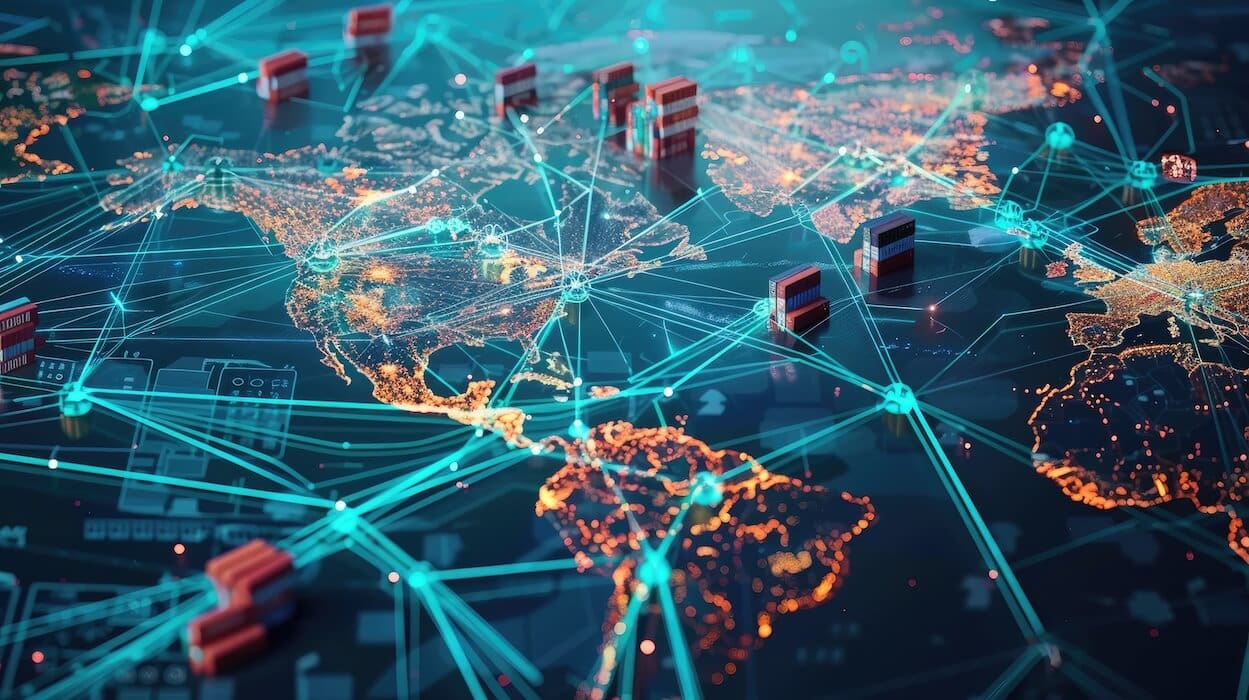 map of the world lit up with global supply chain interconnected in blue and orange | Donate to Support the Technion University | American Technion Society