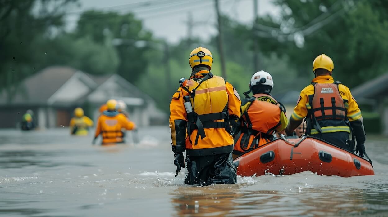 zaka volunteers aiding texas flood victims in protective gear with life raft | Donate to Support the Technion University | Israel