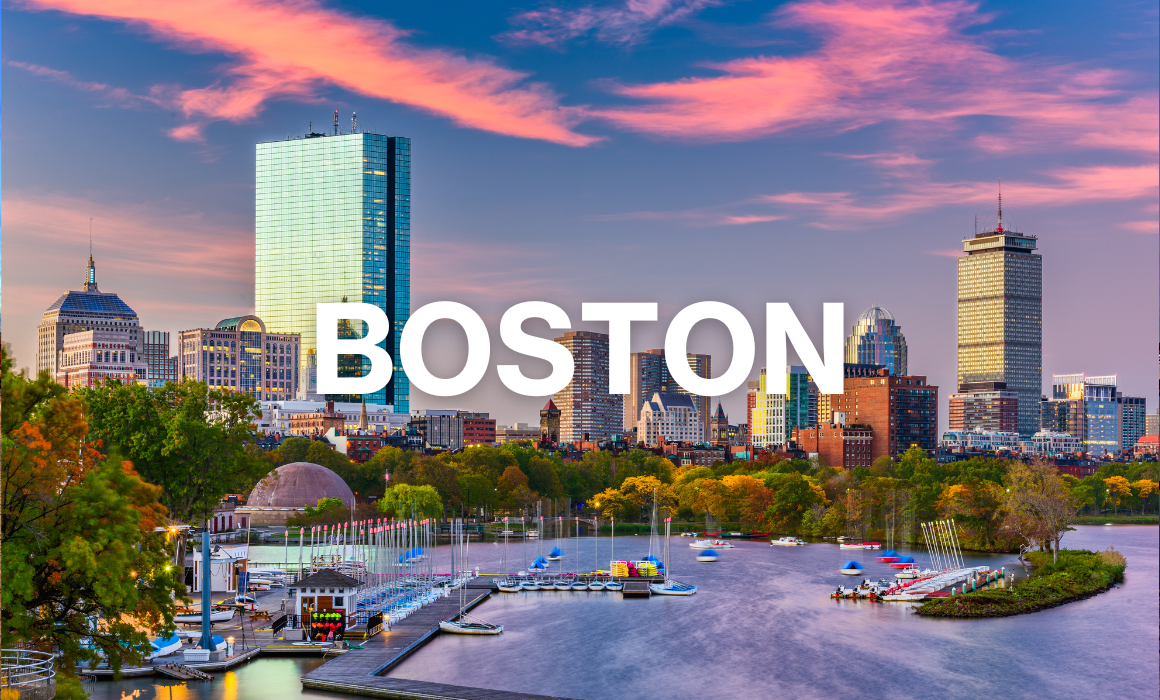 Boston, MA skyline with BOSTON in letters