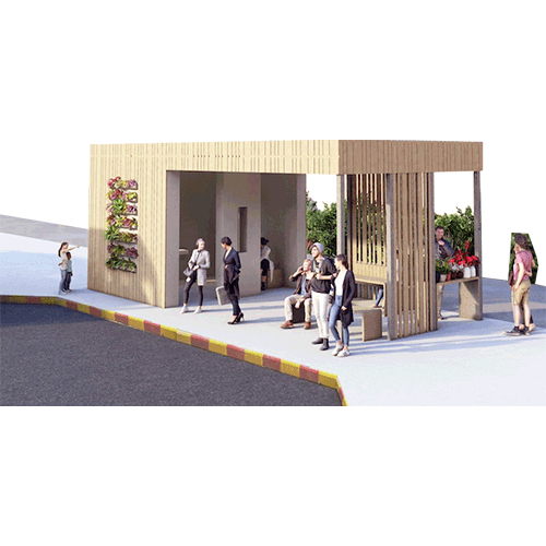 3D model of bus stop with people waiting on the right side and a road on the left side.