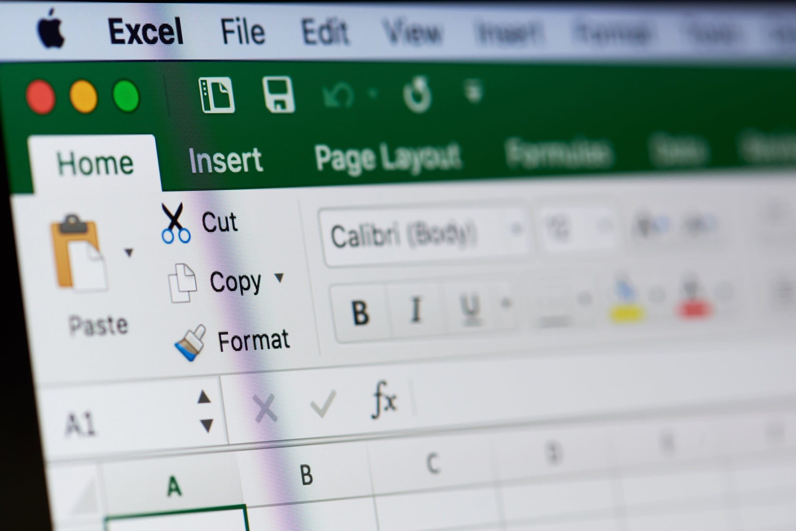 Microsoft Excel zoomed into top left corner on Mac