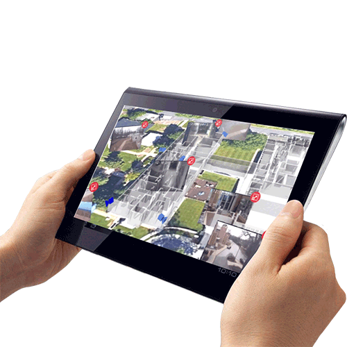 pair of hands holding a tablet with map on it in front of white background.