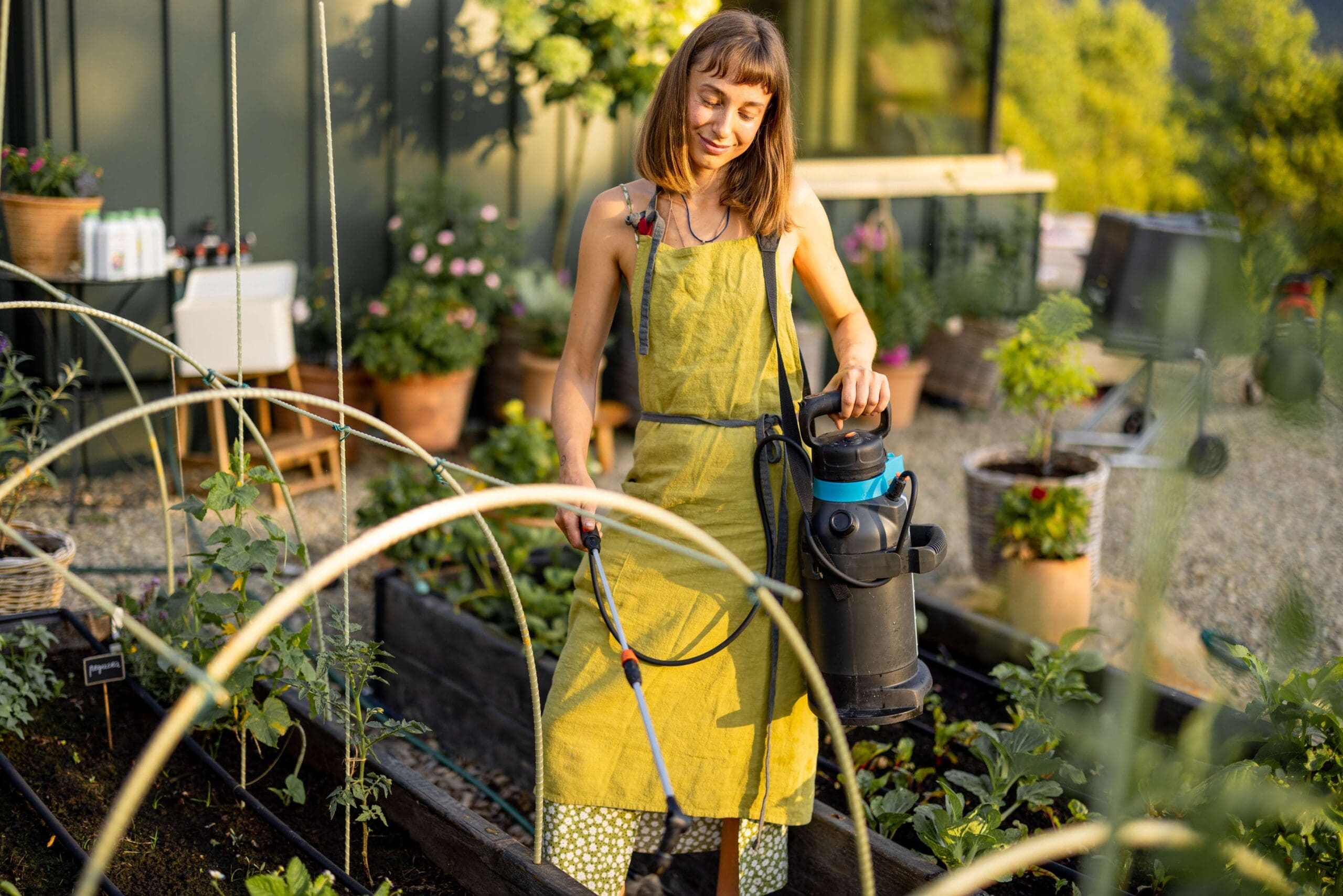 woman in garden watering plants, possibly using eco-friendly pesticides recently discovered at Technion