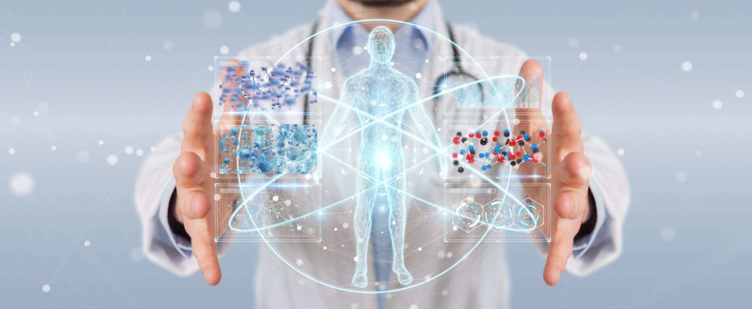 stock image of doctor torso, arms outstretched, hands enveloping futuristic overlay of health diagram | American Technion Society | therapeutic proteins