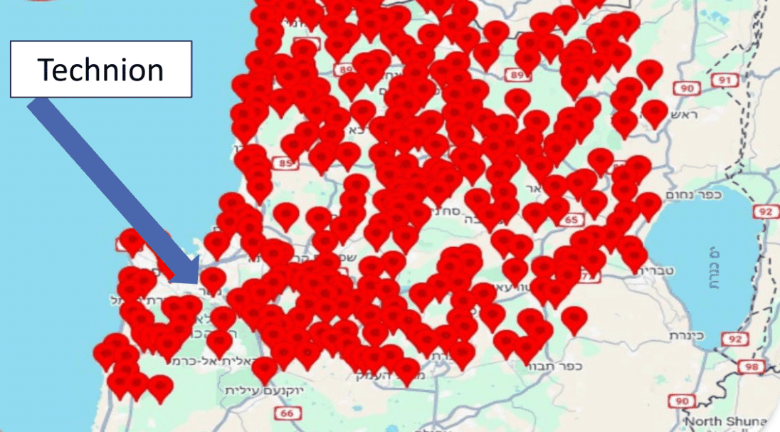 Missile barrages over the Haifa region are now a daily reality. The red alert sirens over Northern Israel from just one attack are depicted on the map.