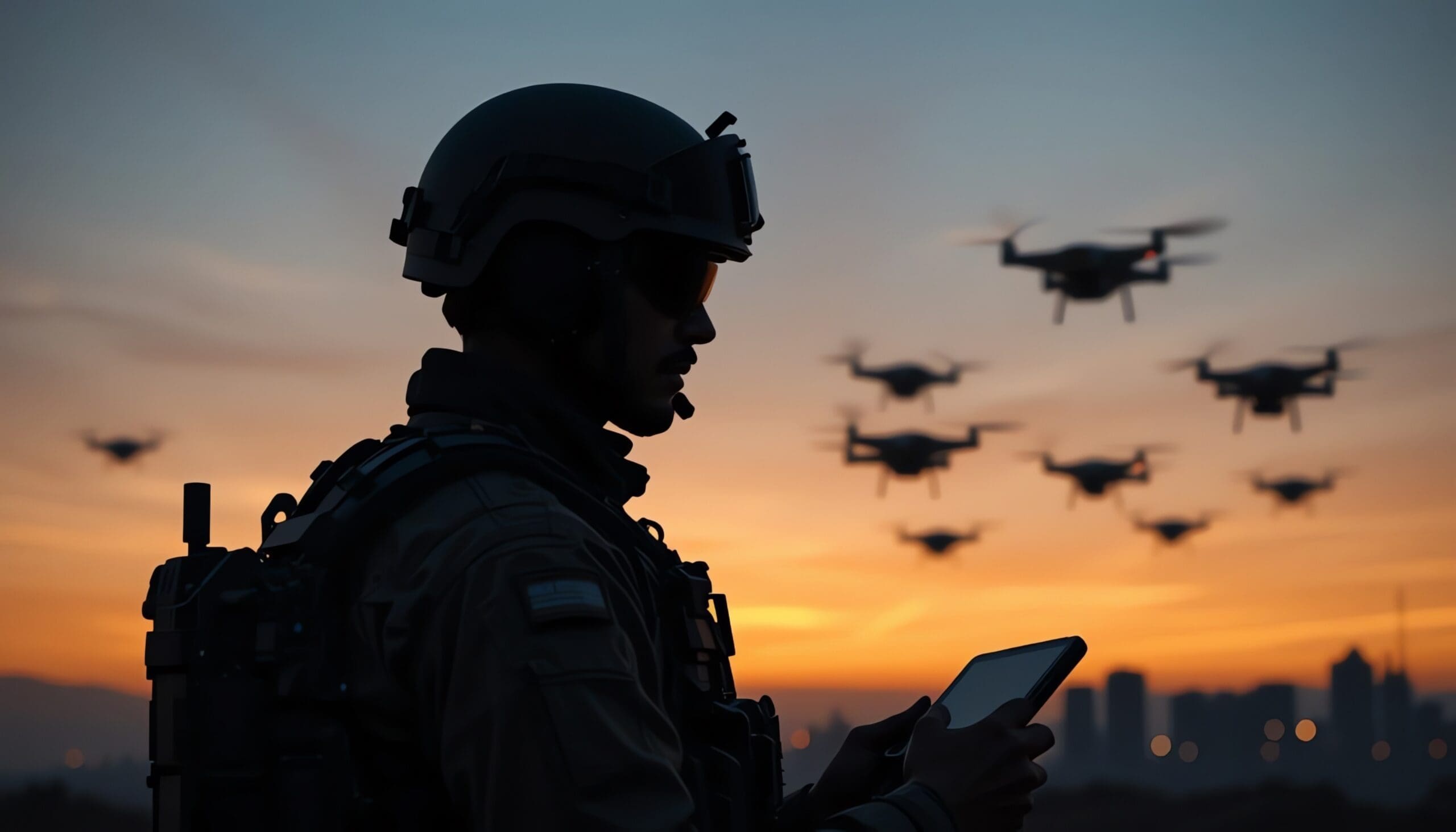 No GPS or Communication Drones flying in the background as a soldier's shadowy silhouette fills the foreground